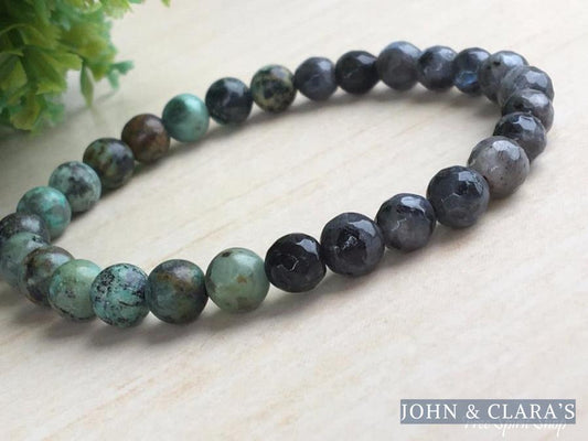 Natural Labradorite & African Turquoise Gemstone Bead Mala Bracelet