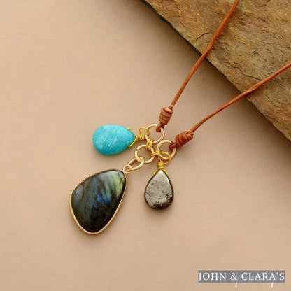 Natural Labradorite Amazonite & Pyrite Stone Leather Necklace