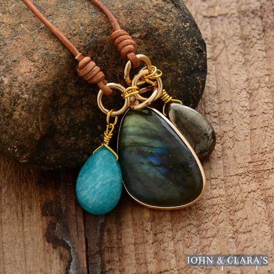 Natural Labradorite Amazonite & Pyrite Stone Leather Necklace