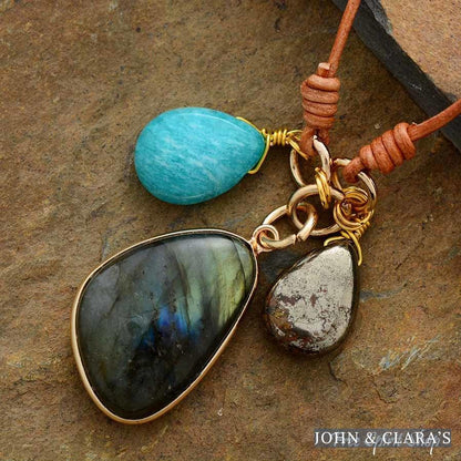 Natural Labradorite Amazonite & Pyrite Stone Leather Necklace