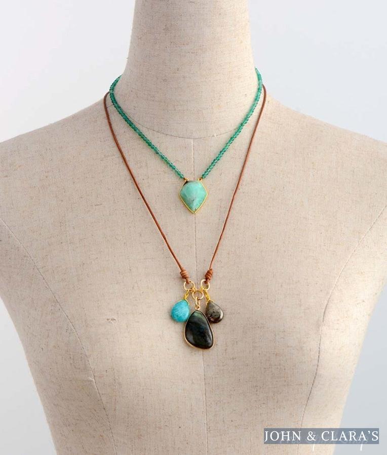 Natural Labradorite Amazonite & Pyrite Stone Leather Necklace