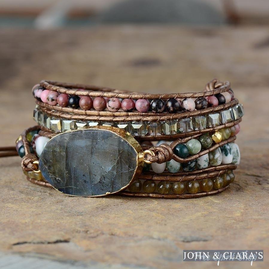 Natural Labradorite Rhodochrosite & Moss Agate Beaded Wrap Bracelet