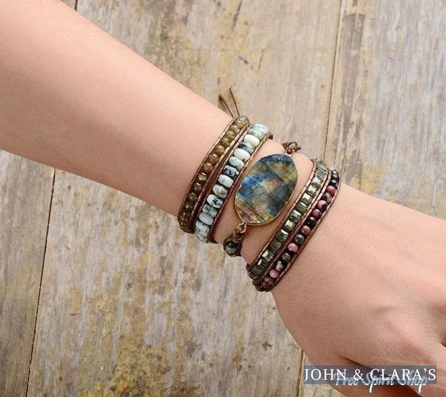 Natural Labradorite Rhodochrosite & Moss Agate Beaded Wrap Bracelet