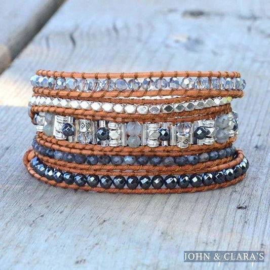 Natural Labradorite Stone Leather Wrap Bracelet