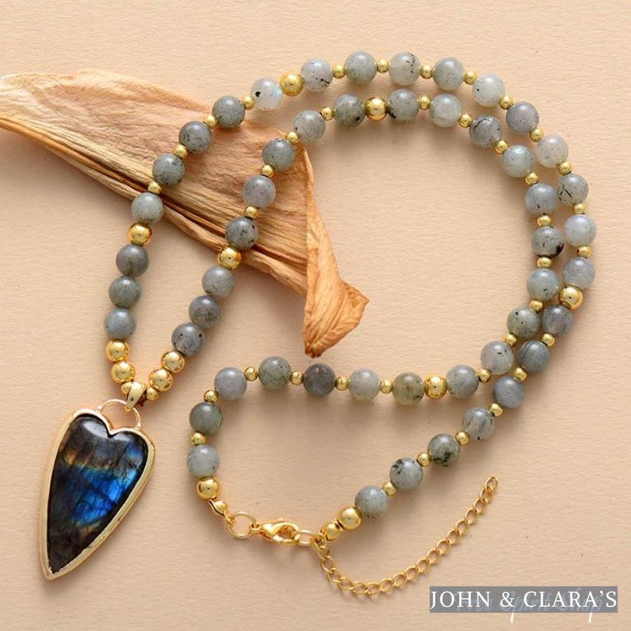 Natural Labradorite With Heart Pendant Bead Necklace