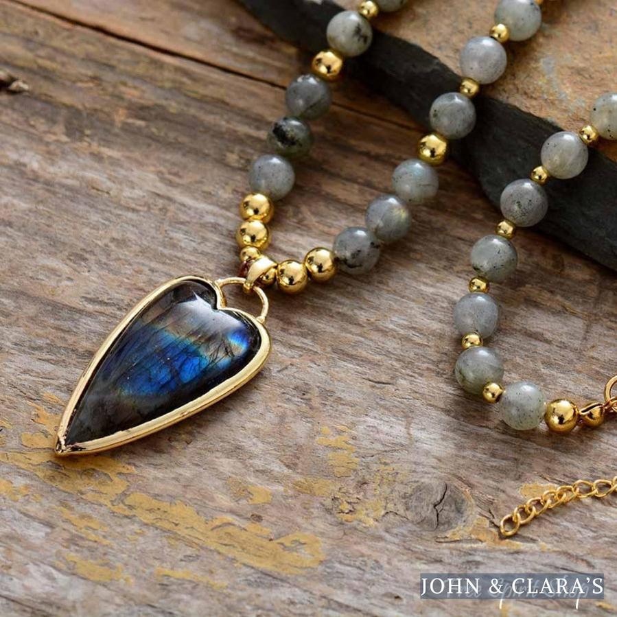 Natural Labradorite With Heart Pendant Bead Necklace