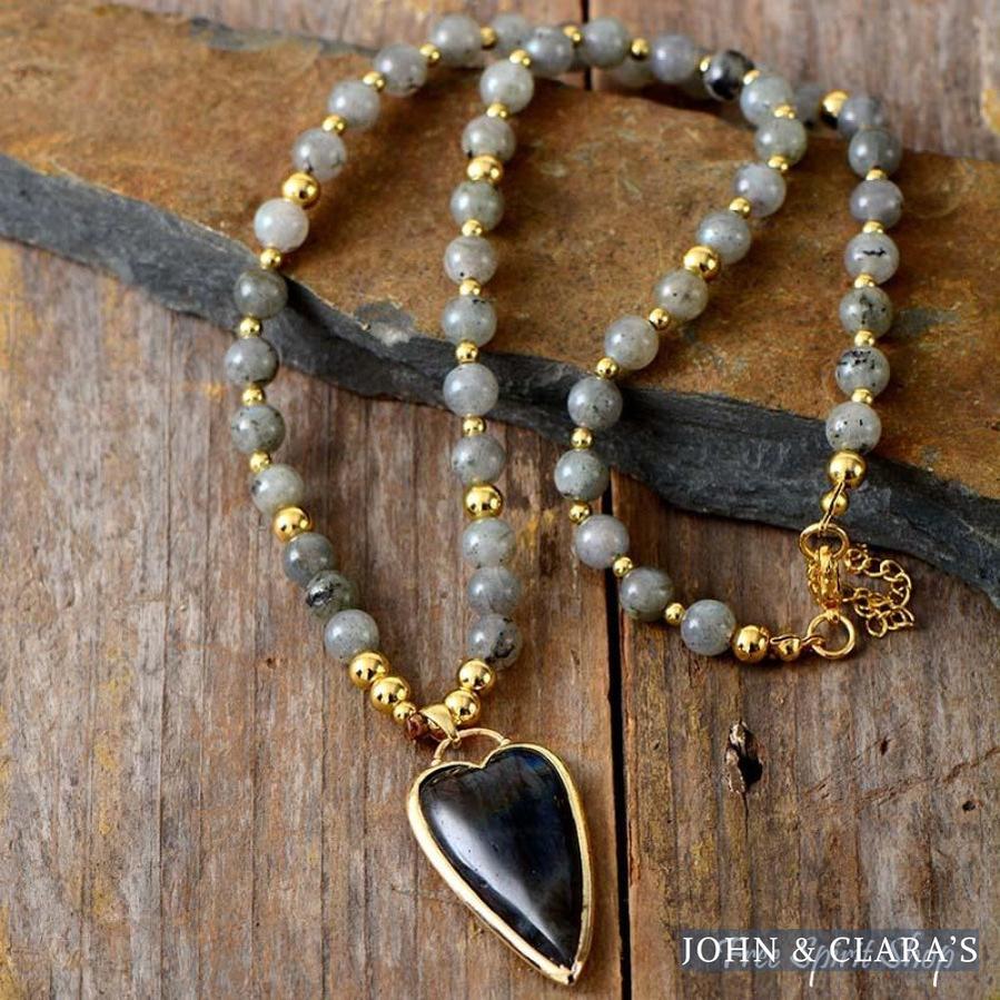 Natural Labradorite With Heart Pendant Bead Necklace