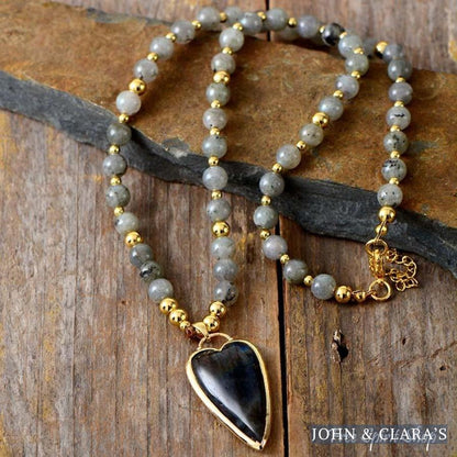 Natural Labradorite With Heart Pendant Bead Necklace