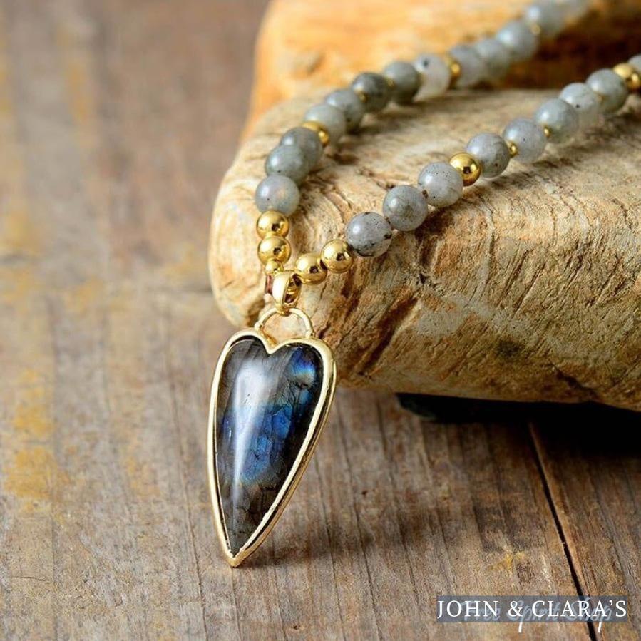 Natural Labradorite With Heart Pendant Bead Necklace
