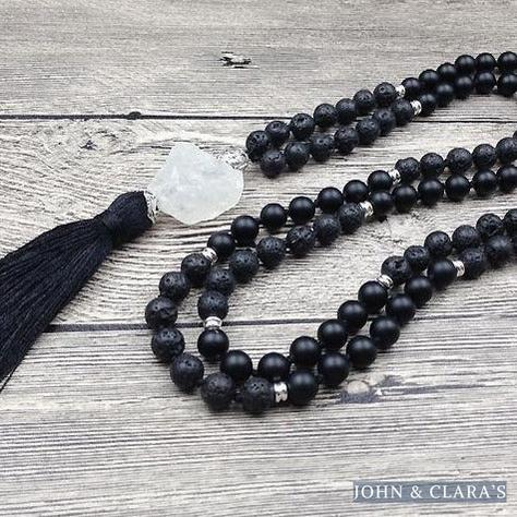 108 Natural Lava Stone Black Agate & Clear Quartz Mala Bead Necklace