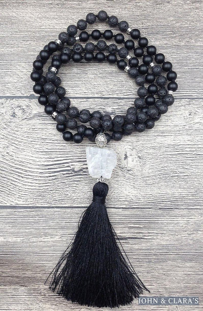 108 Natural Lava Stone Black Agate & Clear Quartz Mala Bead Necklace