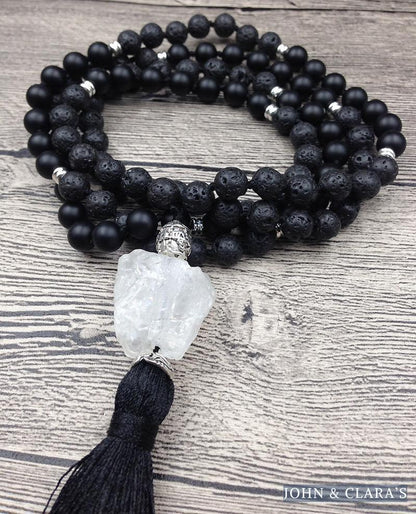 108 Natural Lava Stone Black Agate & Clear Quartz Mala Bead Necklace