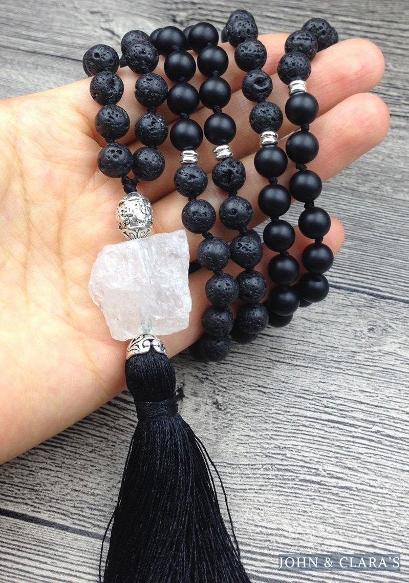 108 Natural Lava Stone Black Agate & Clear Quartz Mala Bead Necklace