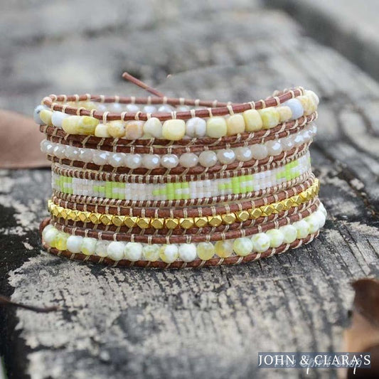 Natural Lime Miyuki Beads, Agate & Jasper Stone Leather Wrap Bracelet