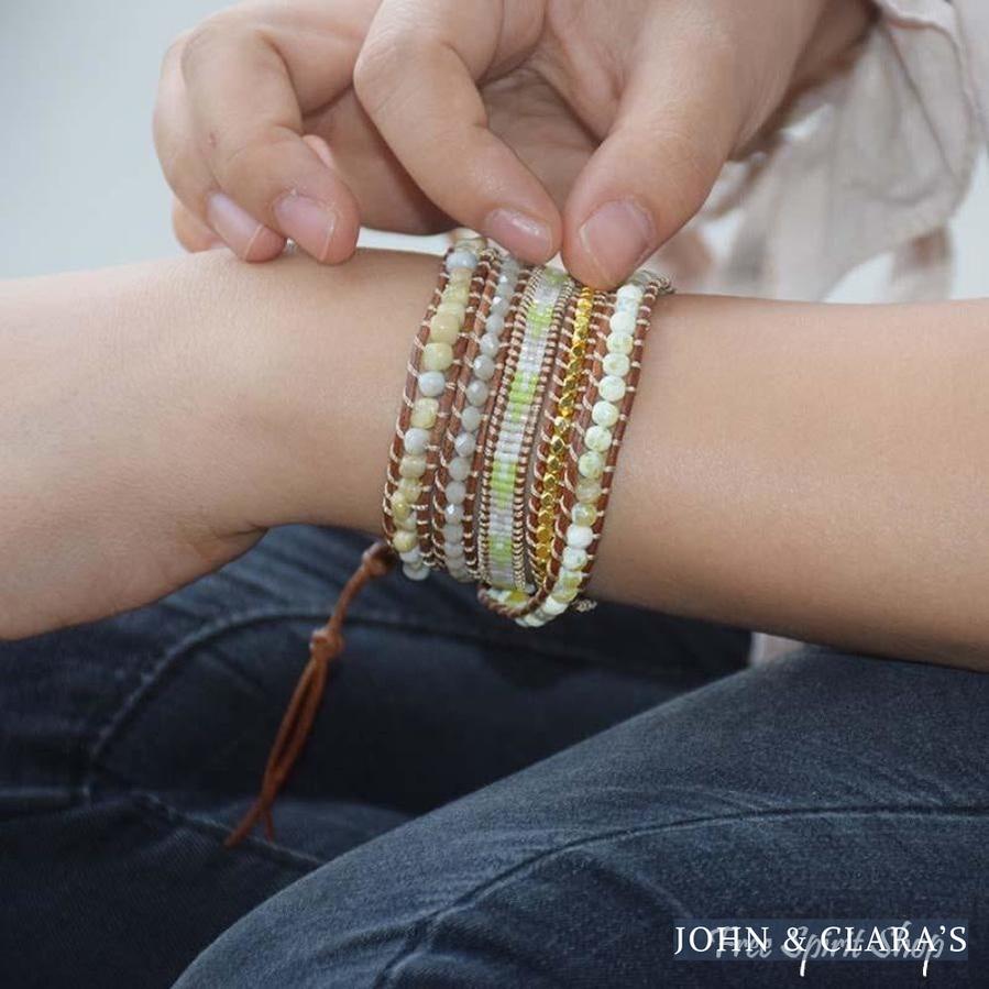 Natural Lime Miyuki Beads, Agate & Jasper Stone Leather Wrap Bracelet