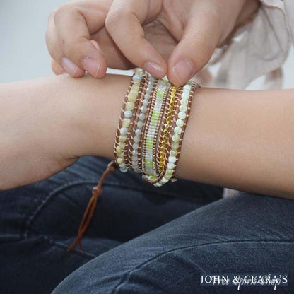 Natural Lime Miyuki Beads, Agate & Jasper Stone Leather Wrap Bracelet