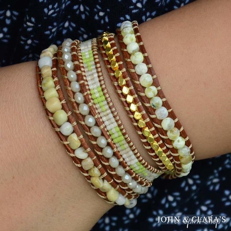 Natural Lime Miyuki Beads, Agate & Jasper Stone Leather Wrap Bracelet
