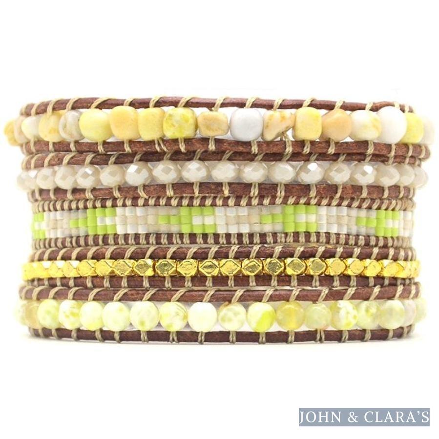 Natural Lime Miyuki Beads, Agate & Jasper Stone Leather Wrap Bracelet