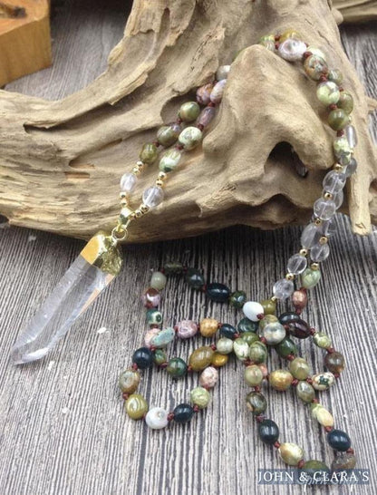 Natural Ocean Jasper & Clear Quartz Pendant Necklace