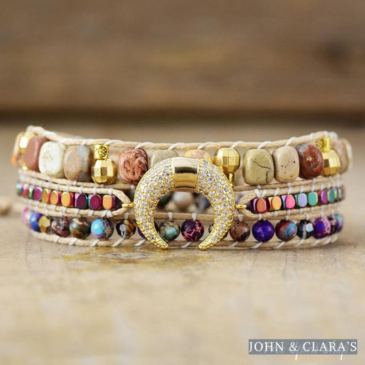 Natural Picture Jasper & Purple Jasper Crescent Horn Beaded Wrap Bracelet