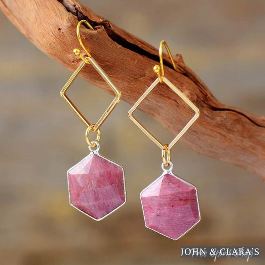 Natural Pink Rhodonite Losange Earrings