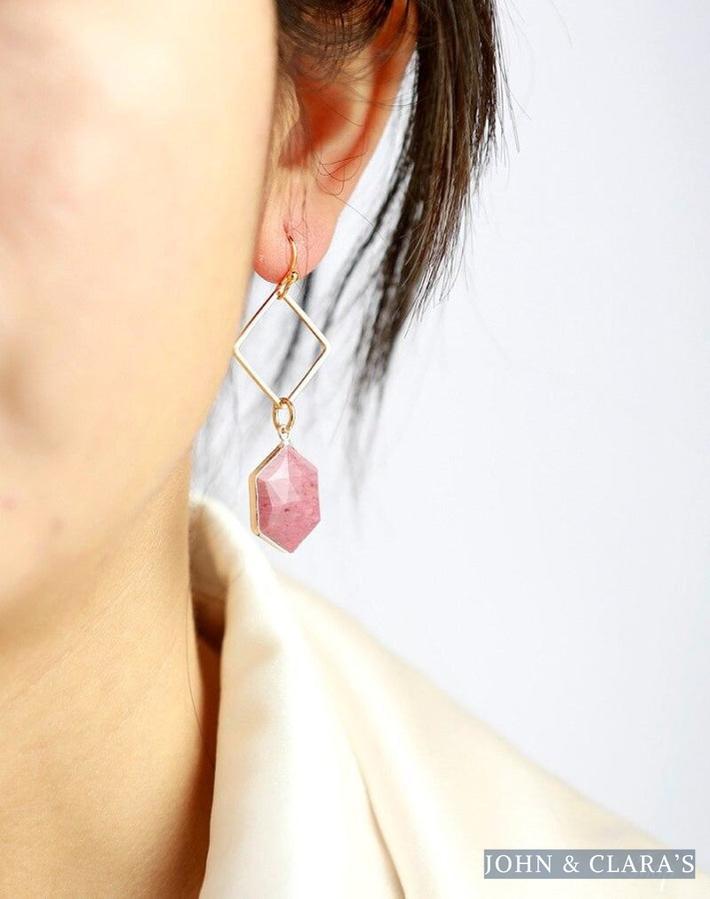 Natural Pink Rhodonite Losange Earrings