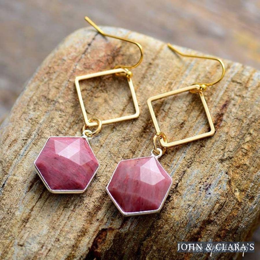 Natural Pink Rhodonite Losange Earrings