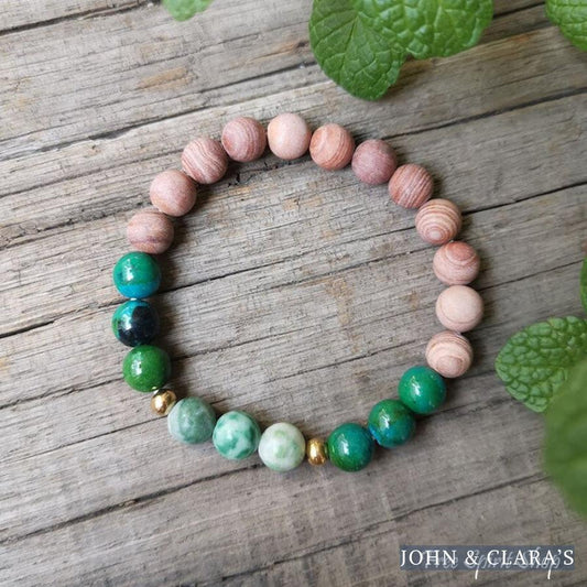 Natural Pink Sand Stone & Chrysocolla Bead Bracelet