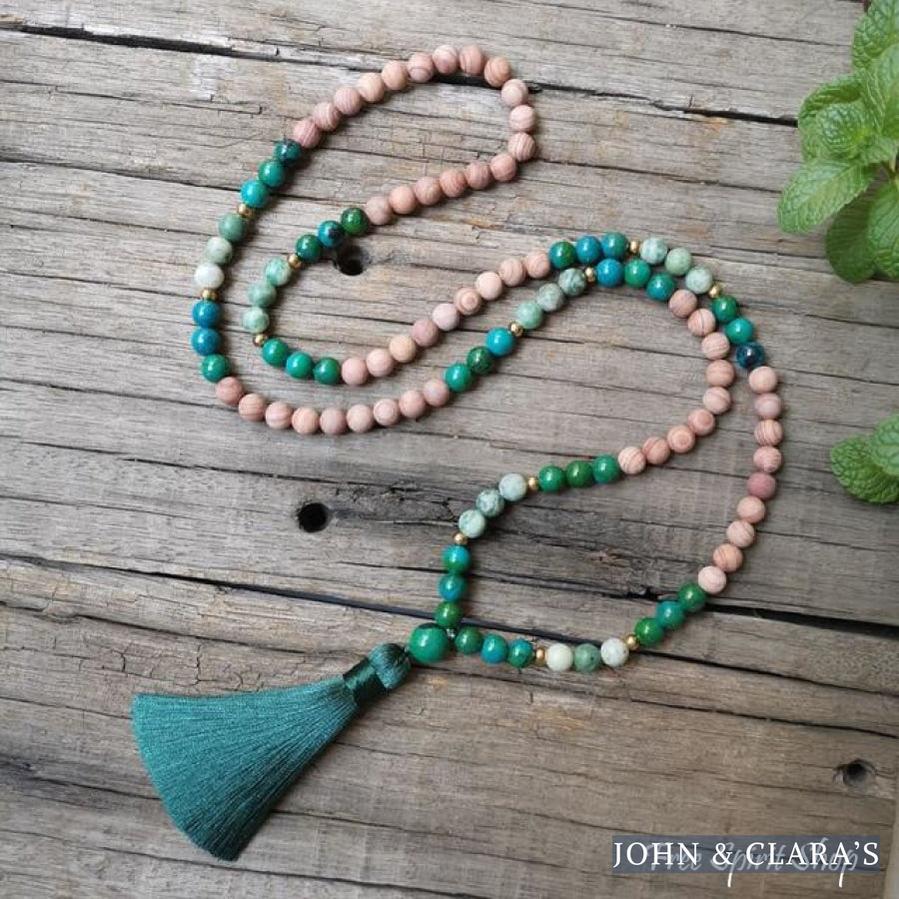 Natural Pink Sand Stone & Chrysocolla Mala Bead Necklace / Bracelet
