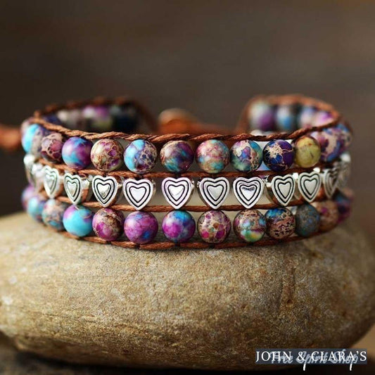 Natural Purple Jasper Heart Charms Wrap Bracelet