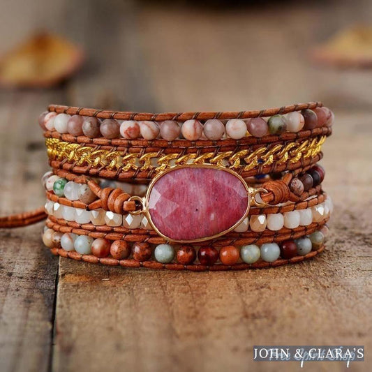 Natural Rhodonite King Jasper & Pink Aventurine Beaded Wrap Bracelet