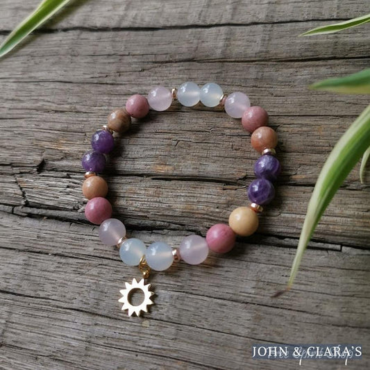 Natural Rhodonite Rose Quartz & Amethyst Bead Bracelet