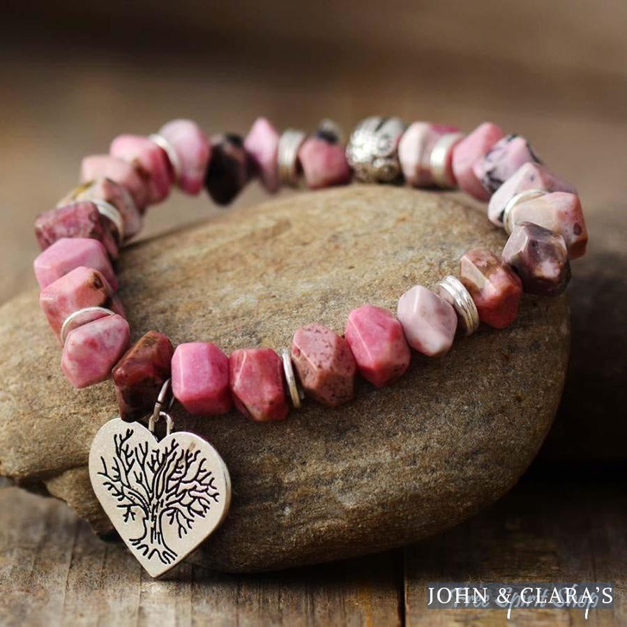 Natural Rhodonite Tree of Life & Heart Bead Bracelet