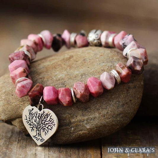 Natural Rhodonite Tree of Life & Heart Bead Bracelet