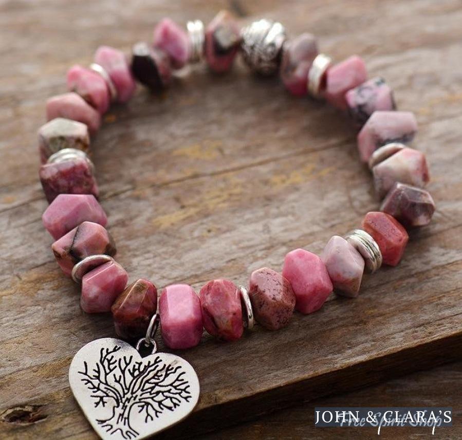 Natural Rhodonite Tree of Life & Heart Bead Bracelet