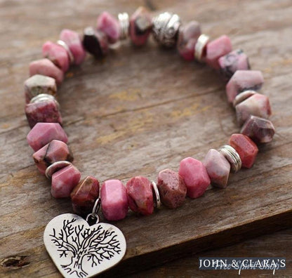 Natural Rhodonite Tree of Life & Heart Bead Bracelet
