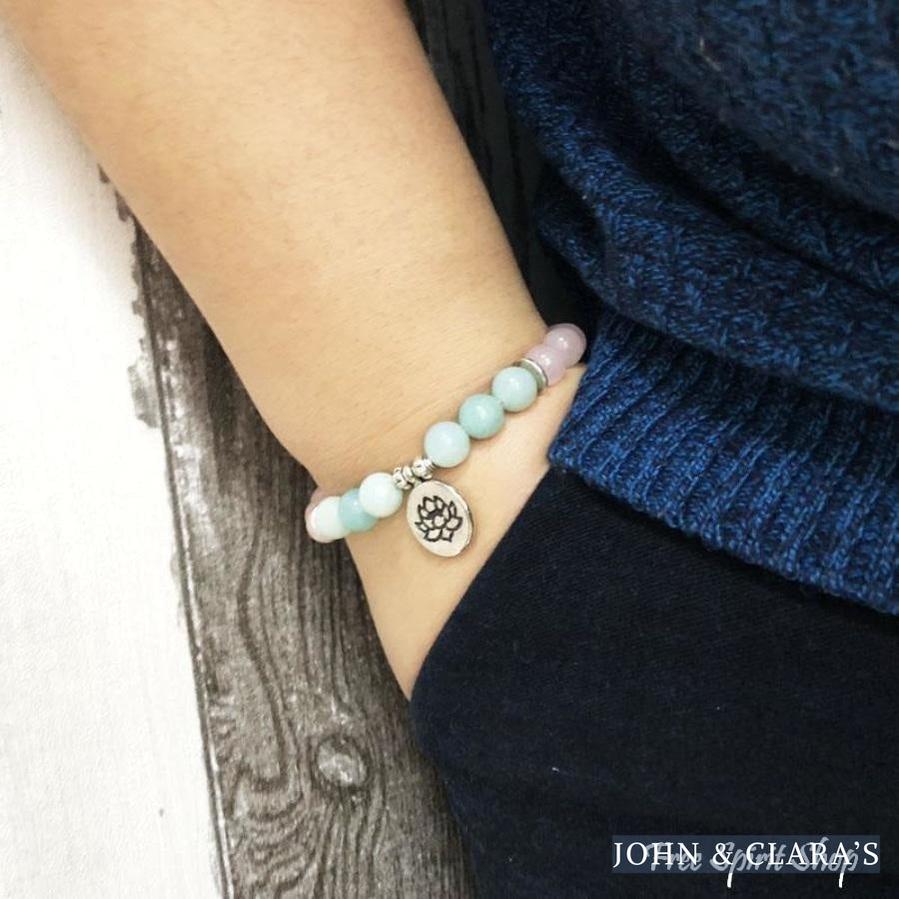 Natural Rose Quartz & Amazonite Gemstone Bead Mala Bracelet
