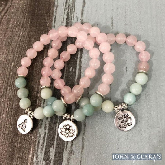Natural Rose Quartz & Amazonite Gemstone Bead Mala Bracelet
