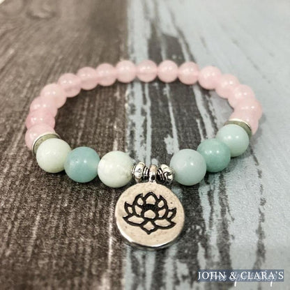 Natural Rose Quartz & Amazonite Gemstone Bead Mala Bracelet