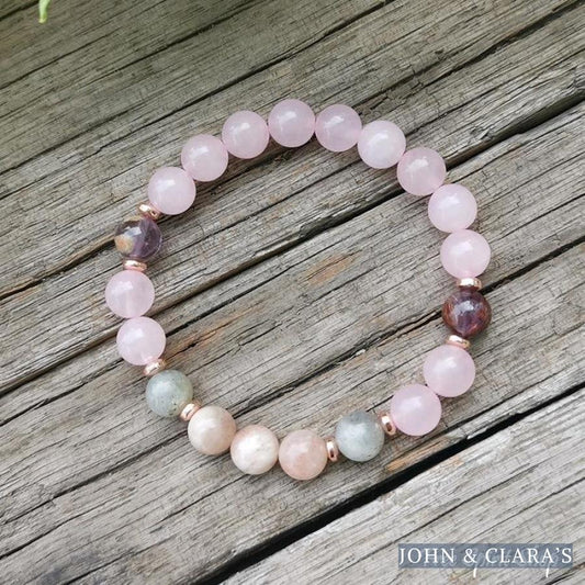 Natural Rose Quartz Amethyst & Green Jade Bead Bracelet