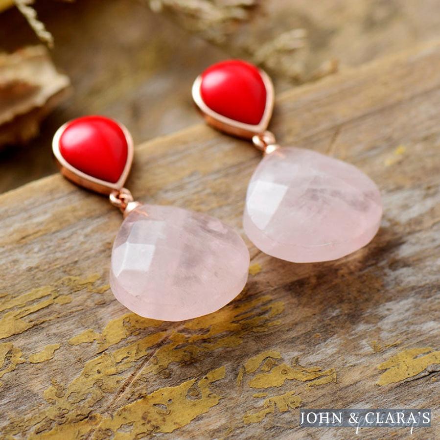 Natural Rose Quartz and Red Stone Drop Earrings