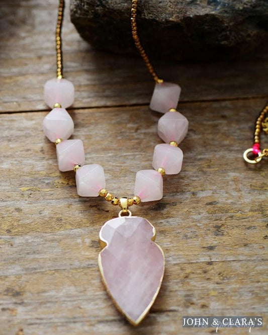Natural Rose Quartz Diamond Shaped Pendant Necklace