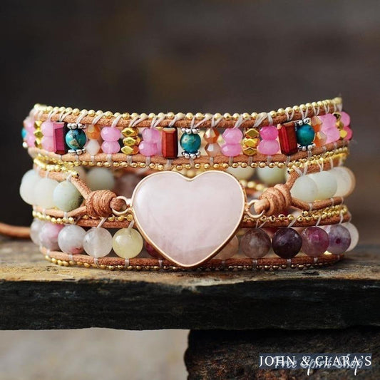 Natural Rose Quartz Heart & Amazonite Beaded Wrap bracelet