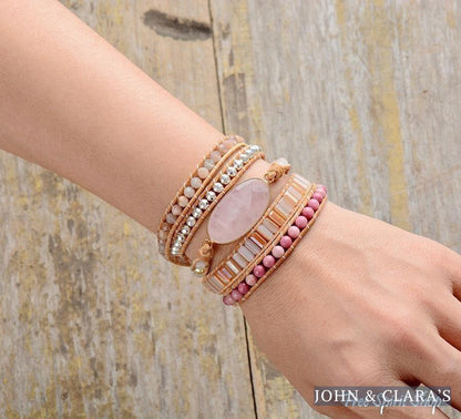 Natural Rose Quartz Rhodonite & Sunstone Wrap Bracelet