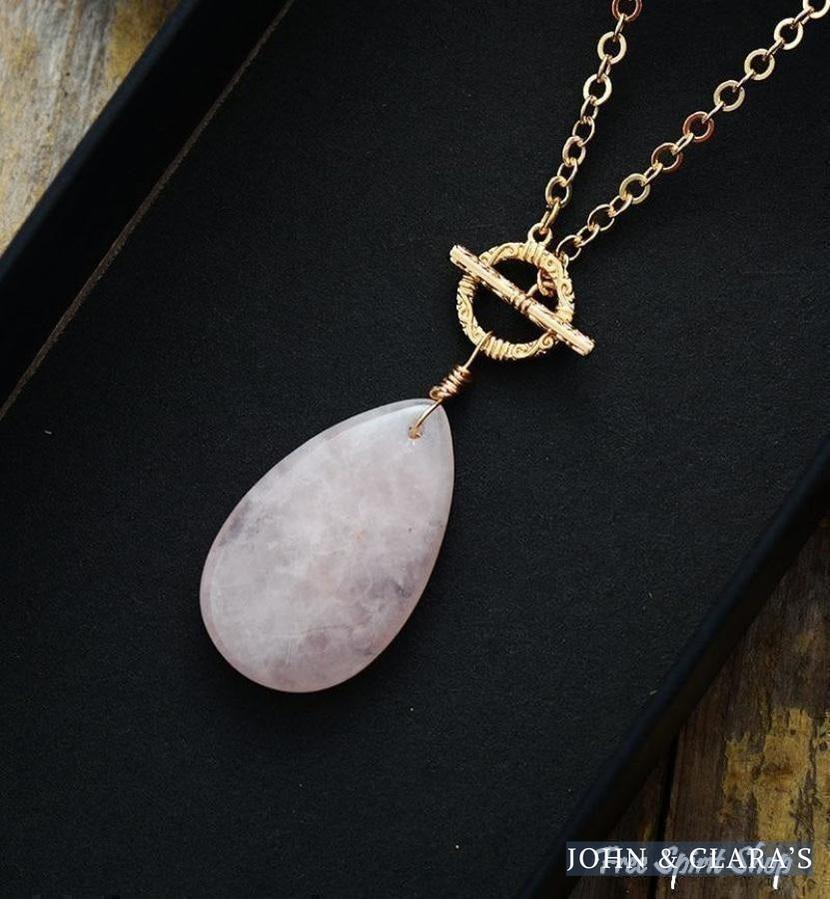 Natural Rose Quartz Teardrop Pendant Necklace
