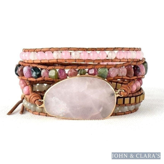Natural Rose Quartz & Tourmaline Beaded Wrap Bracelet