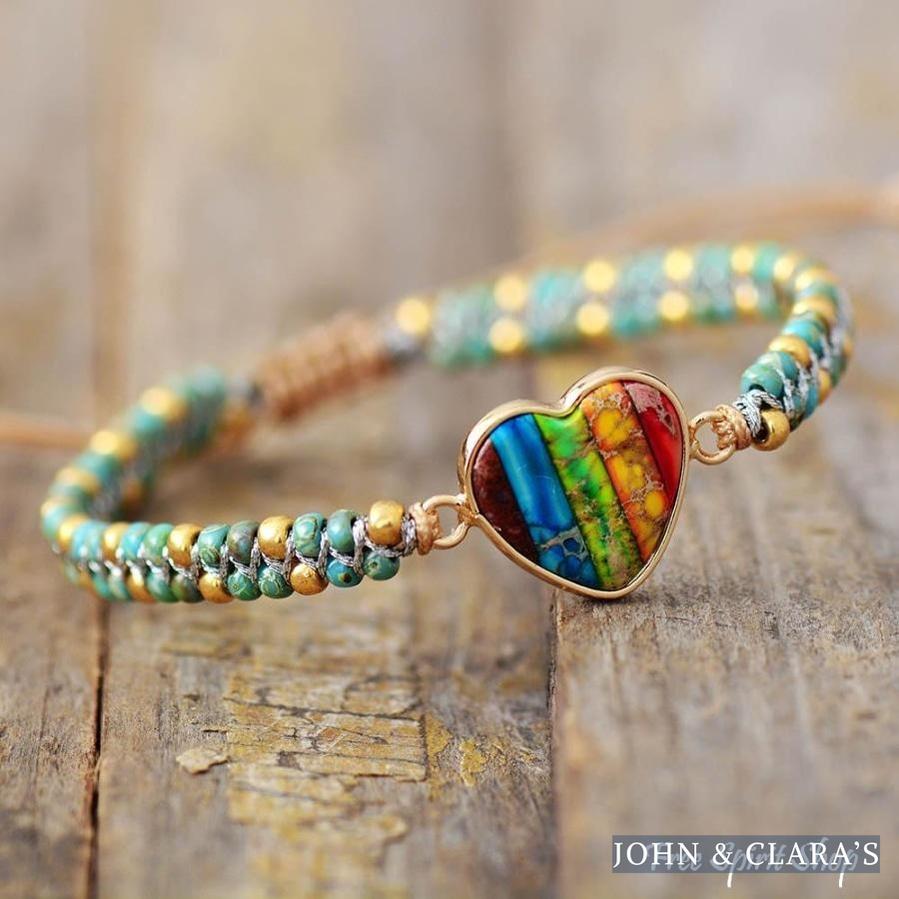 Natural Seed Bead Rainbow Heart Bracelet