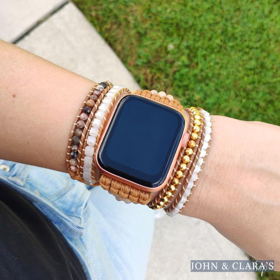 Natural Selenite & Sunstone Beaded Apple Watch Band