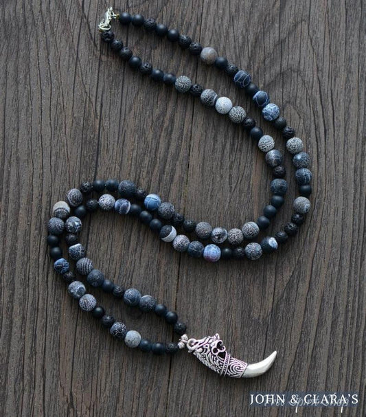 Natural Agate & Onyx Bead Necklace With Dragon Tusk Pendant