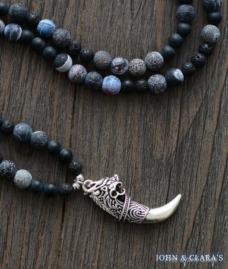 Natural Agate & Onyx Bead Necklace With Dragon Tusk Pendant
